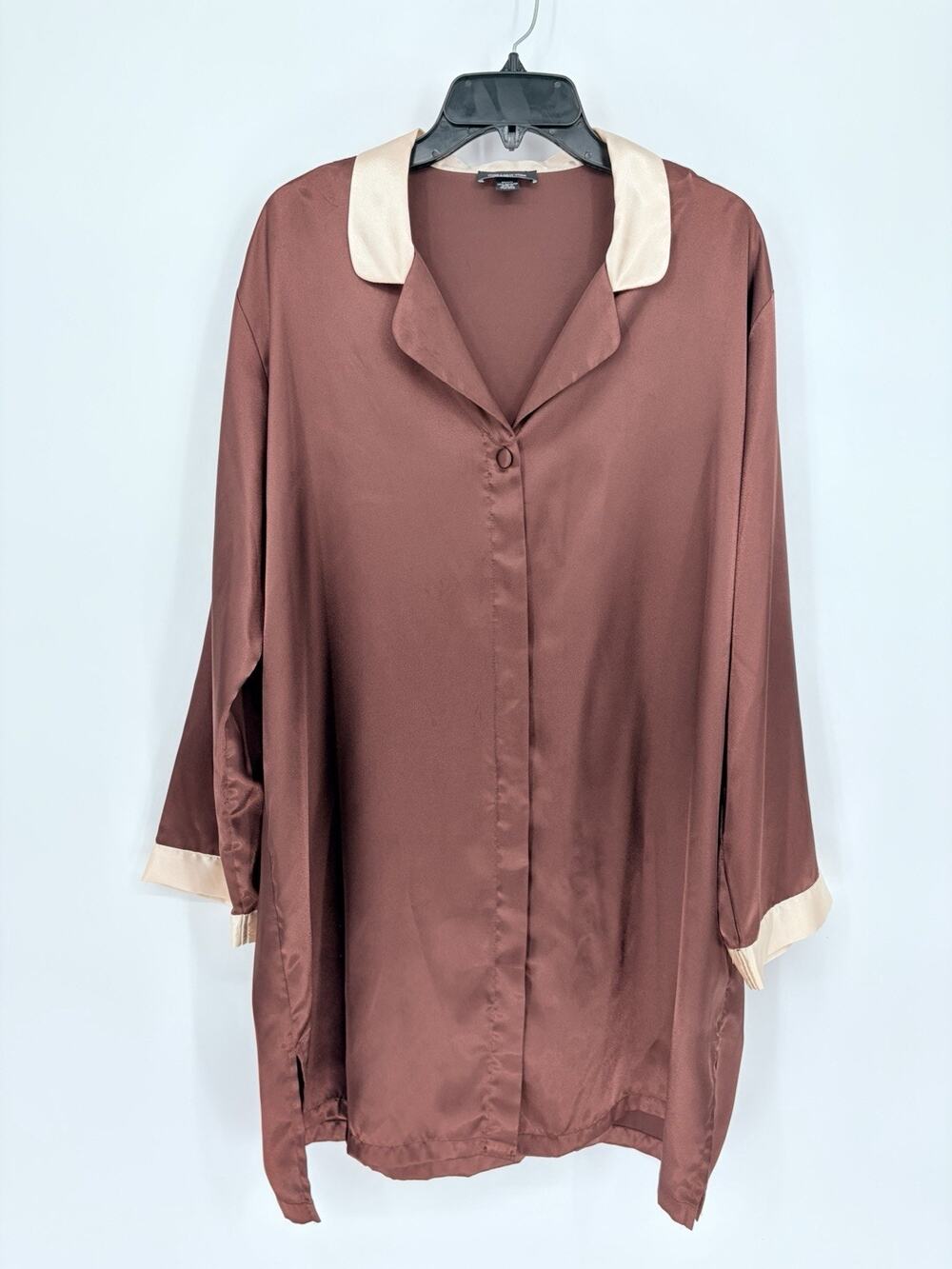 Jones New York XL Chocolate Brown Satin Sleep Shirt Nightgown Button Front